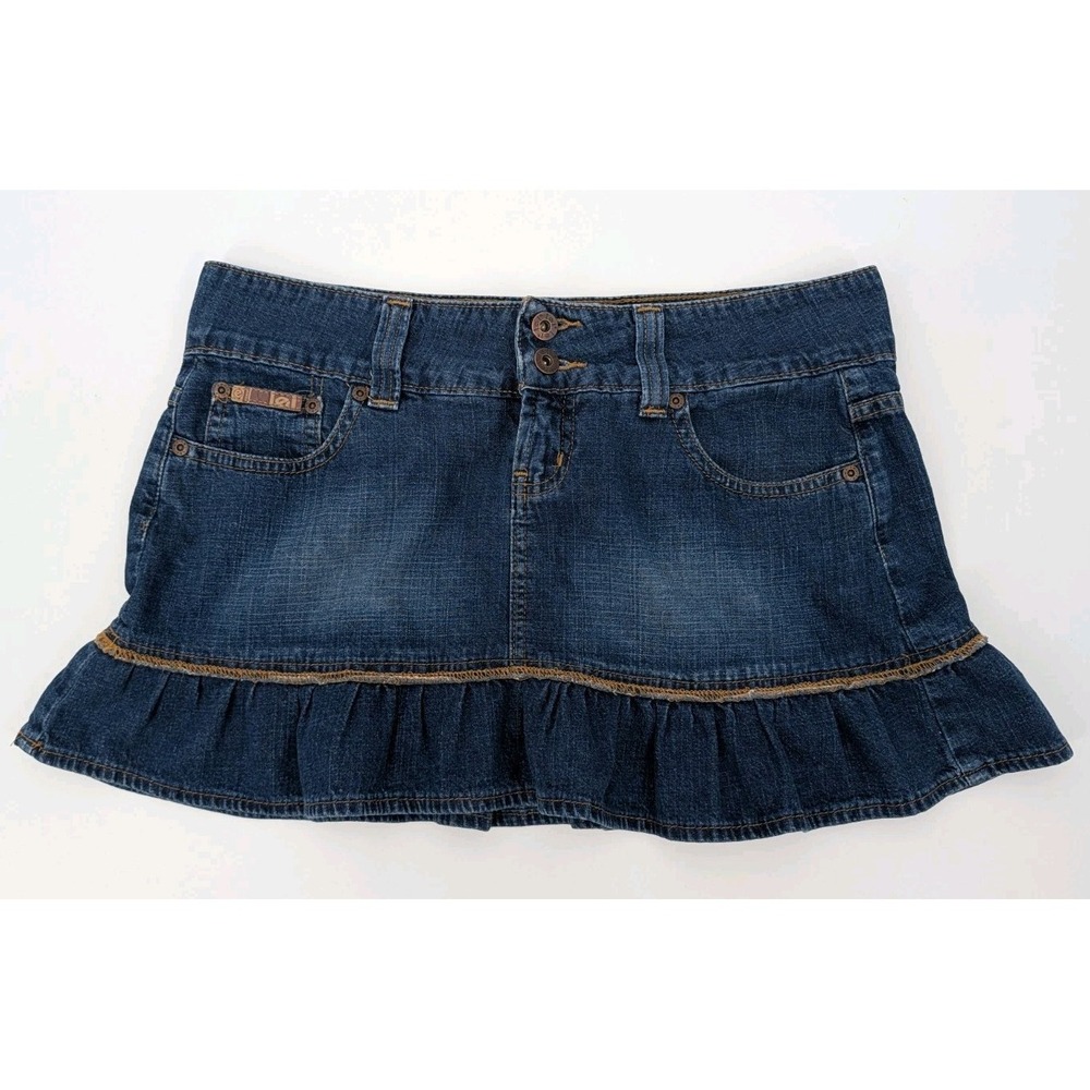 Vintage Y2K LEI Denim Ruffle Mini Skirt Womens Size 9 Low Rise Festival Western